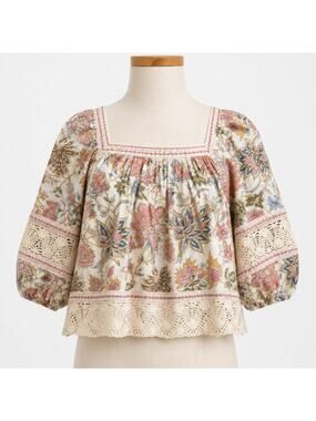 Christian Siriano Floral Peasant Blouse Crochet Lace Trim Linen Blend Small